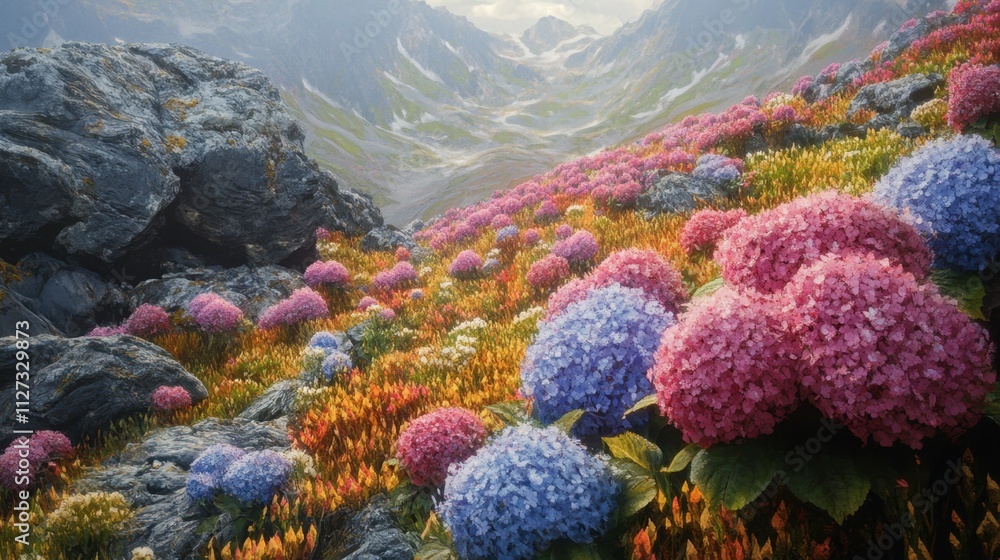 Naklejka premium Vibrant Blossoms in Mountain Valley with Colorful Flowers and Rocks