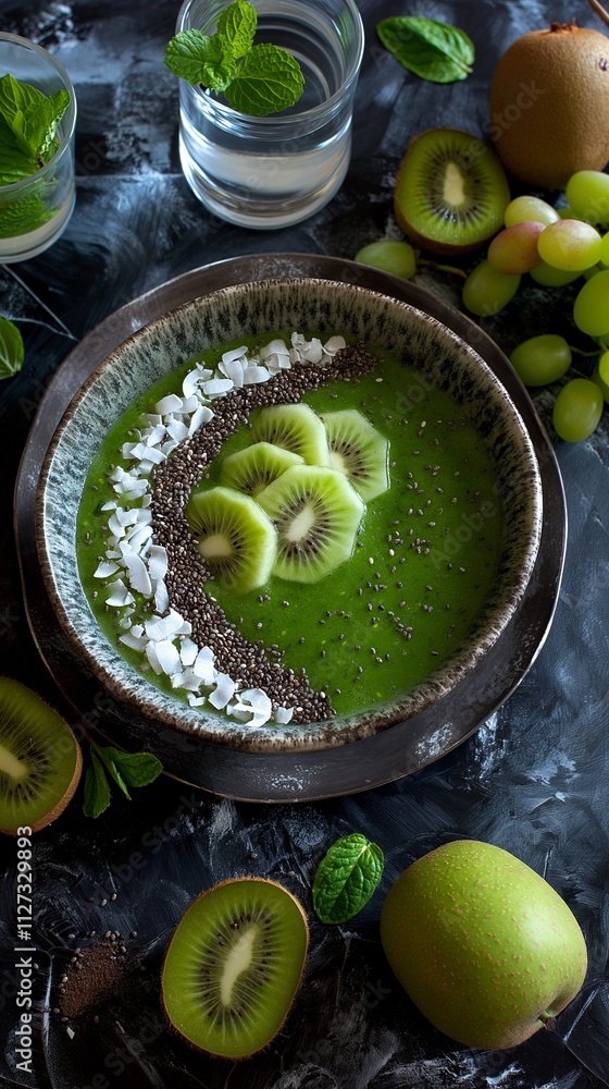 A bright green detox smoothie in a bowl, garnished with fresh kiwi A bright green detox smoothie in a bowl, garnished with fresh kiwi