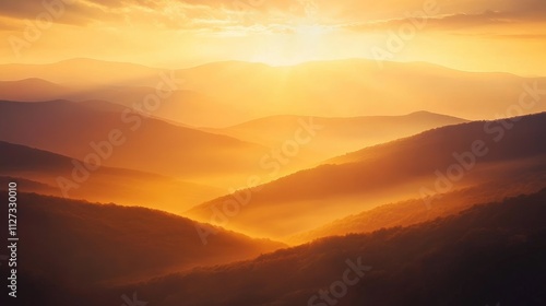 Fototapeta Naklejka Na Ścianę i Meble -  Golden hour light illuminating the rolling hills and valleys of Shenandoah National Park in Virginia during a tranquil sunset.