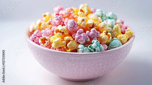 Colorful fruit flavored candied popcorn in a pastel pink bowl on a white background vibrant rainbow snacks for fun and festive occasions