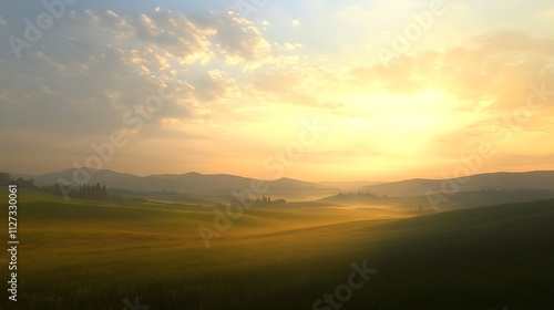 Golden Hour Sunrise over Tuscan Hills: Breathtaking Landscape Photography. AI Generated