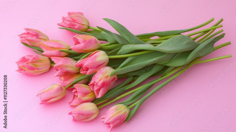 Creative flat lay of a bouquet of pink tulips on a pastel pink background perfect for Mother's Day celebrations and floral design themes. Creative flat lay of a bouquet of pink tulips on a pastel pink background perfect for Mother's Day celebrations and floral design themes.