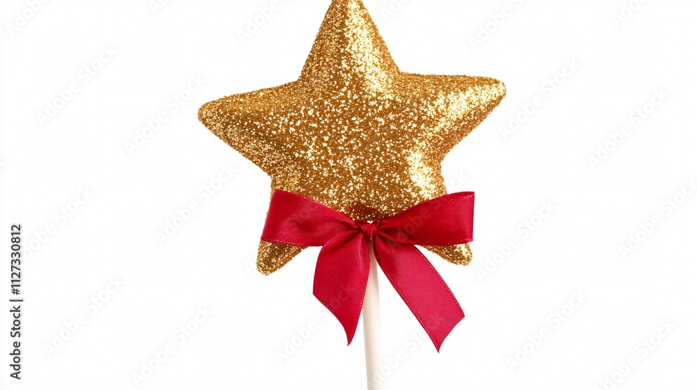 A shiny golden star-shaped lollipop with edible glitter, tied with a festive red ribbon, isolated on white A shiny golden star-shaped lollipop with edible glitter, tied with a festive red ribbon, isolated on white