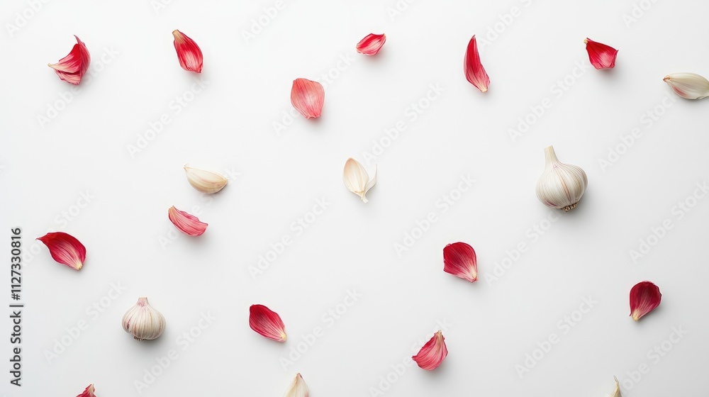 Garlic cloves and petals artfully arranged on a clean white background showcasing natural textures and colors Garlic cloves and petals artfully arranged on a clean white background showcasing natural textures and colors