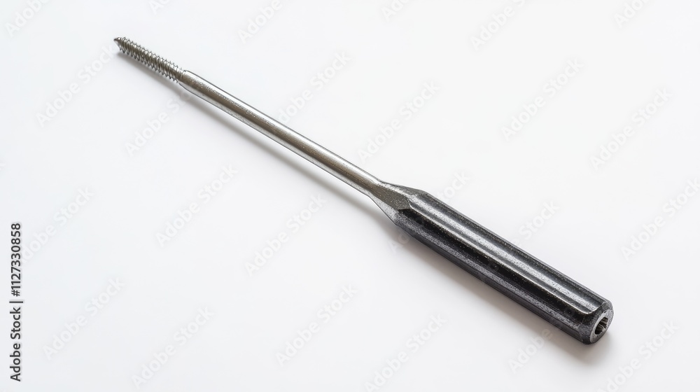 Hexagonal steel screwdriver with black handle on a clean white background for tools and equipment precision imagery Hexagonal steel screwdriver with black handle on a clean white background for tools and equipment precision imagery
