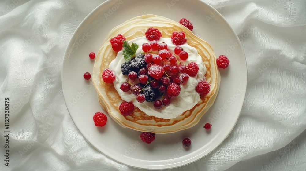 Delicious thin pancakes topped with whipped cream and a variety of fresh berries on a white plate against a soft background Delicious thin pancakes topped with whipped cream and a variety of fresh berries on a white plate against a soft background
