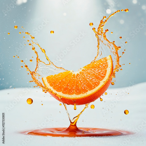 Energetic Splash of Orange Juice with Floating Citrus