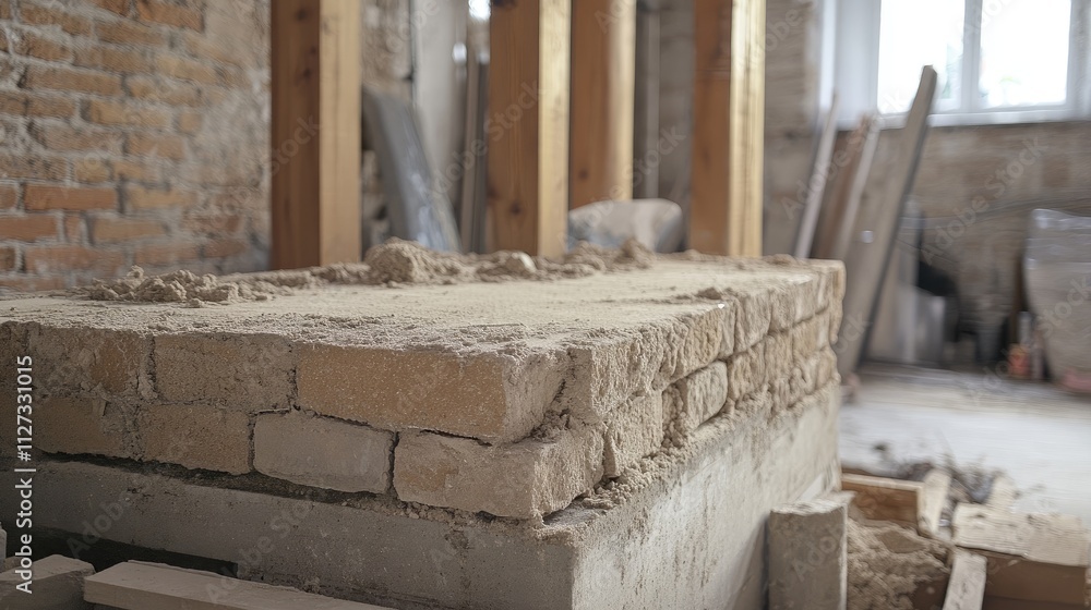 Installation of insulation materials on brick walls and chimney profiles in a renovated attic workspace with exposed construction details Installation of insulation materials on brick walls and chimney profiles in a renovated attic workspace with exposed construction details