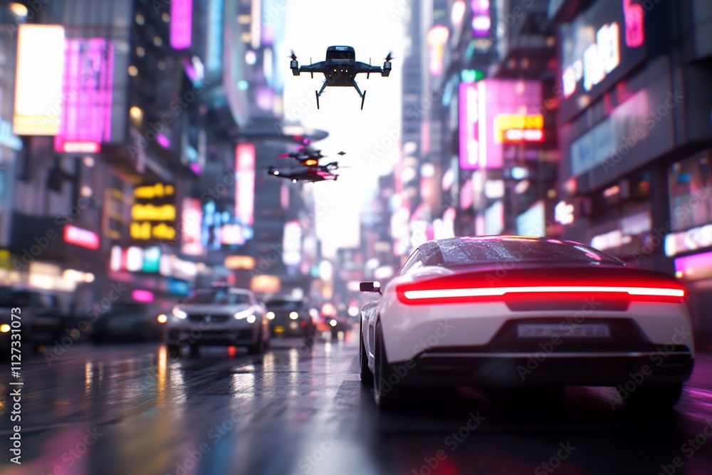 Futuristic city scene with drones and modern cars in urban setting. Futuristic city scene with drones and modern cars in urban setting.