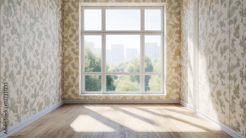 Sunlit empty room in apartment post-renovation featuring floral wallpaper and a large window with scenic outdoor view