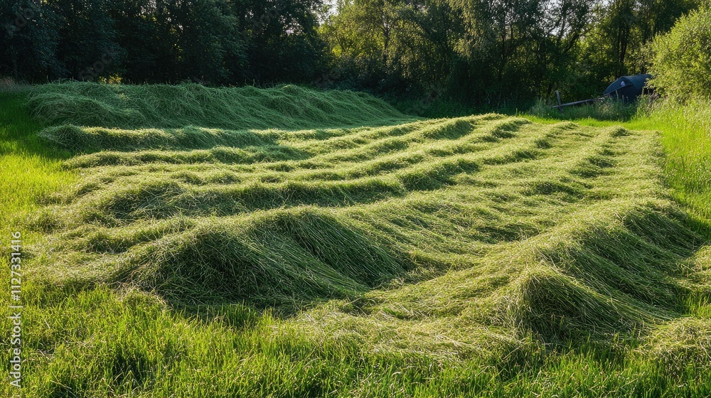 Obraz premium Summer haymaking process showcasing freshly cut grass laid out in neat rows on a meadow, drying for livestock feed production.