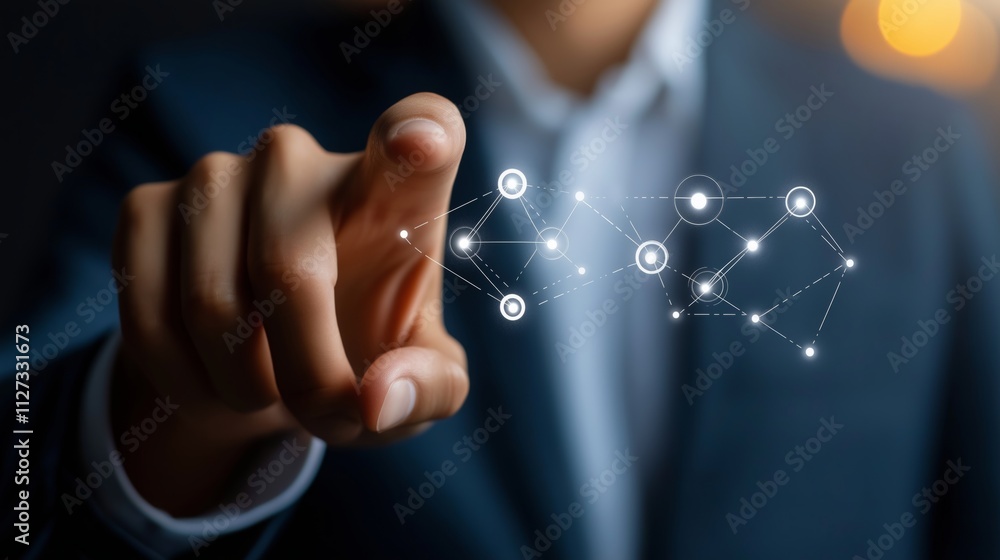 Businessperson interacting with assurance symbol network for quality control and security Businessperson interacting with assurance symbol network for quality control and security