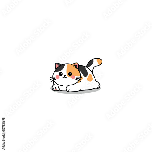 Cute calico cat three color lying down cartoon, vector illustration