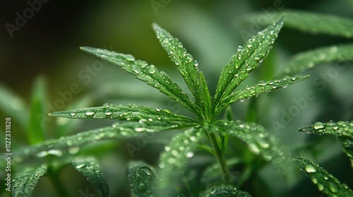 Healthy cannabis leaves with dew in a greenhouse setting showcasing cultivation for medical and commercial purposes under natural light photo