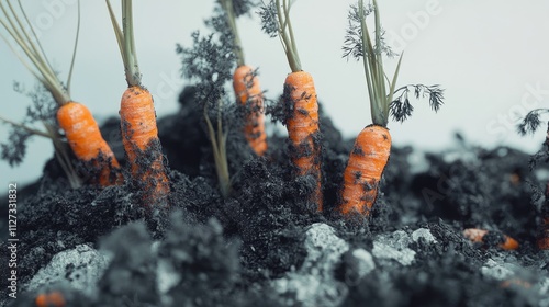 Close up view of freshly harvested carrots partially buried in rich soil showcasing their natural texture and vibrant color photo