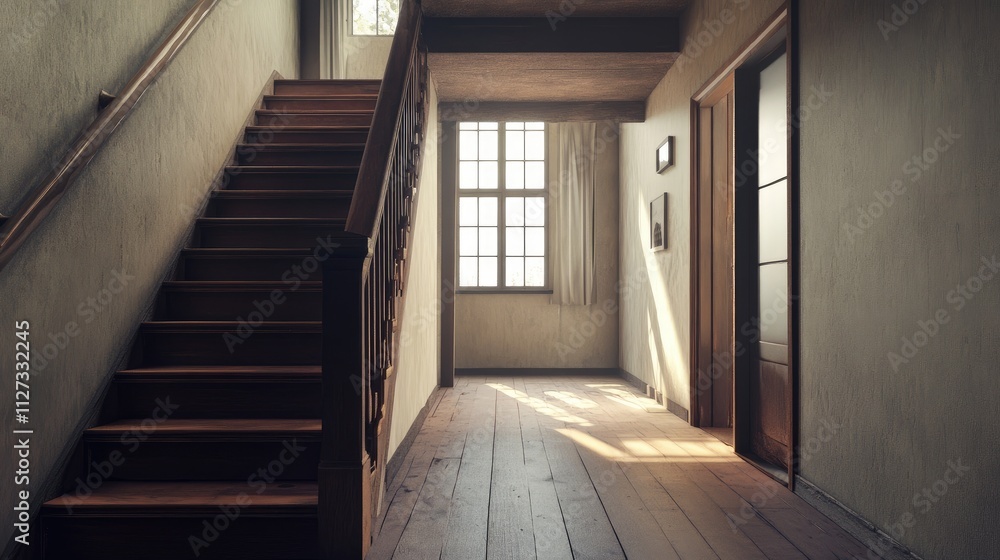 Fototapeta premium Upper level corridor featuring wooden stairs and doorways showcasing classic interior design and natural light ambiance.