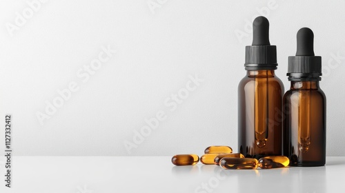 CBD oil bottles with capsules and hemp leaves on a white background for wellness and natural health concepts photo