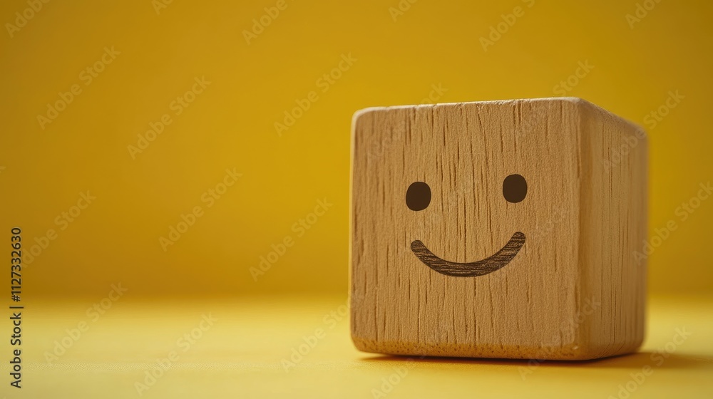 Wooden block with a smiley emoticon on a bright yellow background encouraging customer satisfaction feedback and advertising space. Wooden block with a smiley emoticon on a bright yellow background encouraging customer satisfaction feedback and advertising space.