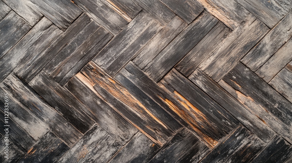 Macro view of distressed herringbone parquet flooring showcasing texture and wear ideal for restoration and retro interior design projects. Macro view of distressed herringbone parquet flooring showcasing texture and wear ideal for restoration and retro interior design projects.