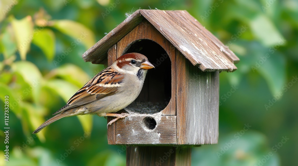 Naklejka premium Female sparrow perched at the entrance of a rustic birdhouse in a vibrant garden setting surrounded by lush greenery