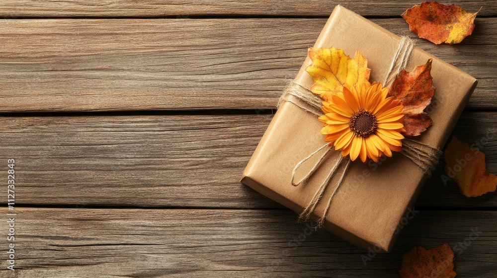 Autumn gift box adorned with flowers and leaves on a rustic wooden background showcasing seasonal decor and charm Autumn gift box adorned with flowers and leaves on a rustic wooden background showcasing seasonal decor and charm