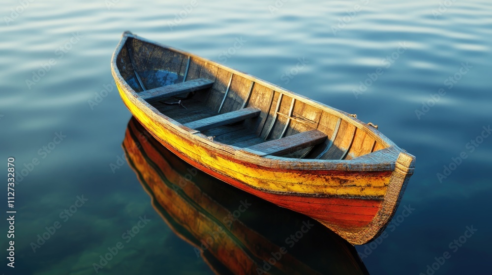 Abandoned rustic fishing boat floating on calm waters reflecting vibrant colors of the hull against serene water surface. Abandoned rustic fishing boat floating on calm waters reflecting vibrant colors of the hull against serene water surface.