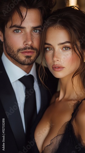 photo of a beautiful and loving couple. They are stylishly dressed. The man is in a white shirt with a tie. The woman is in a chic dress