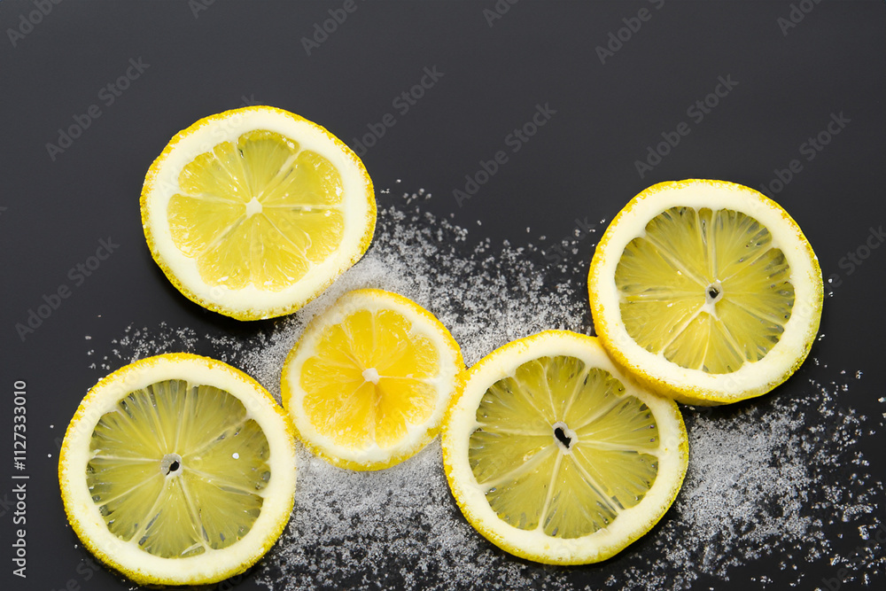 Sliced lemons on black background. Black background with sugar and lemons. Black background with slices of lemon and sugar lying on a plate. A lemon and a slice of sugar lies lifestyle on a black. Sliced lemons on black background. Black background with sugar and lemons. Black background with slices of lemon and sugar lying on a plate. A lemon and a slice of sugar lies lifestyle on a black.