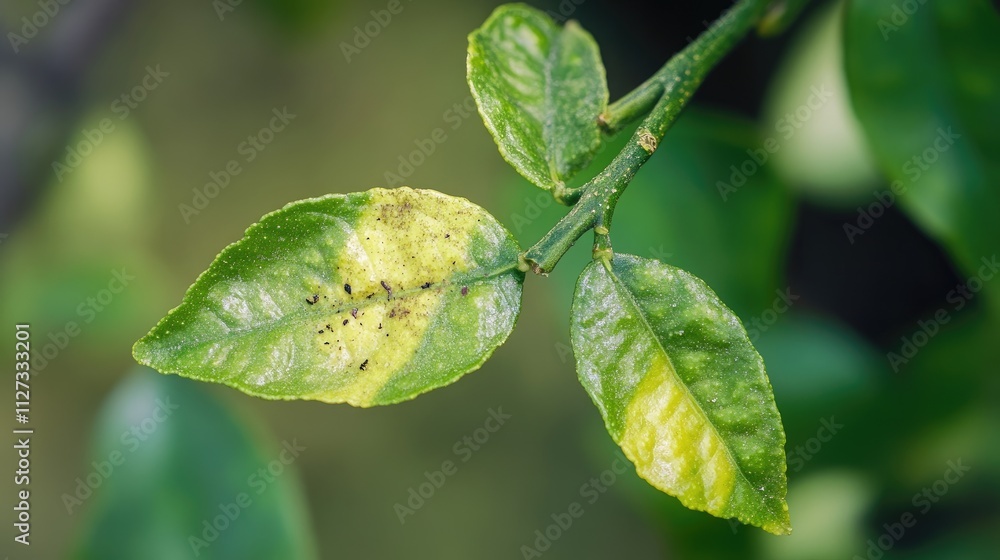 Symptoms of citrus canker on lemon leaves showing yellowing and lesions impacting plant health and agriculture Symptoms of citrus canker on lemon leaves showing yellowing and lesions impacting plant health and agriculture