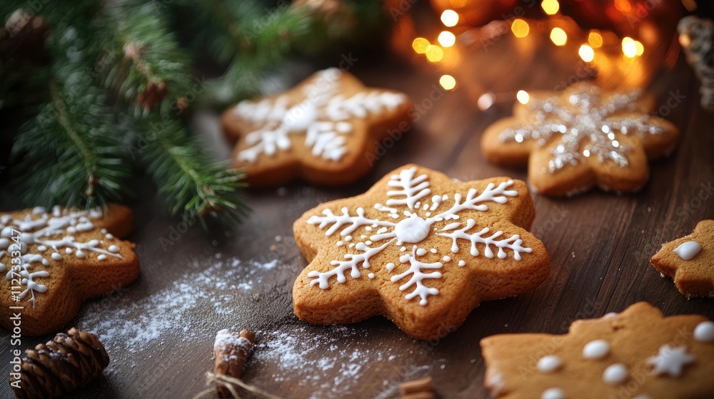 Decorative ginger cookies with snowflake designs arranged on a wooden surface surrounded by festive greenery and warm holiday lights Decorative ginger cookies with snowflake designs arranged on a wooden surface surrounded by festive greenery and warm holiday lights