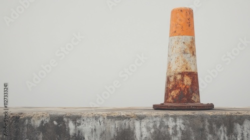 Distressed rustic traffic cone on concrete barrier for urban safety and construction themes photo