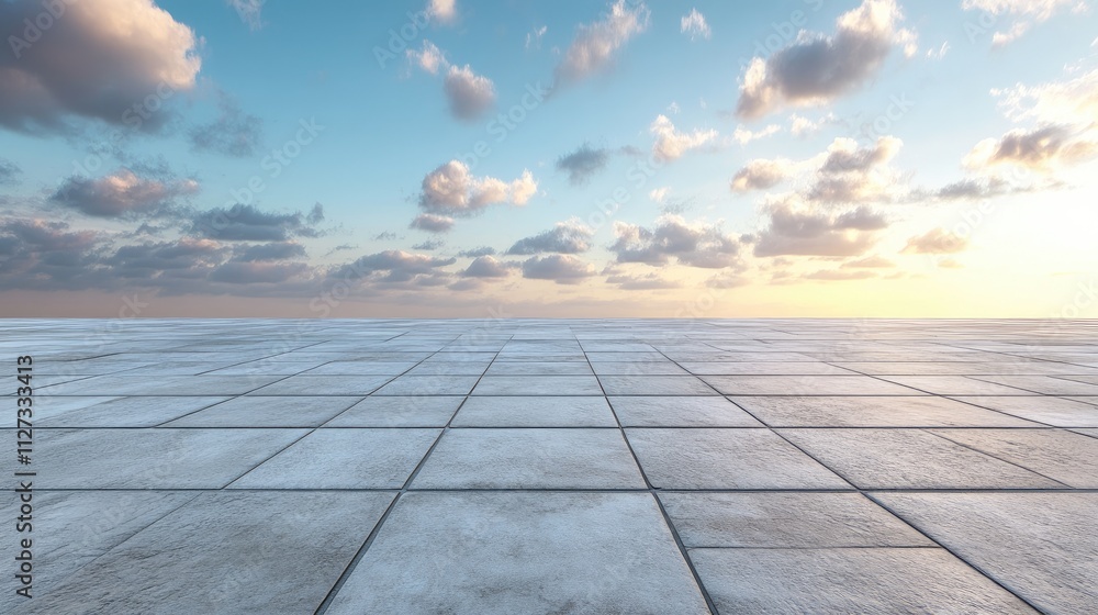 Modern stone tile floor with geometric patterns under a beautiful sky and soft clouds at sunset ideal for architectural backgrounds. Modern stone tile floor with geometric patterns under a beautiful sky and soft clouds at sunset ideal for architectural backgrounds.