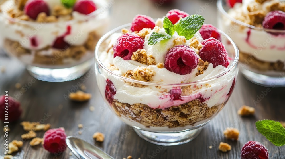 Healthy raspberry parfaits with granola and yogurt in glass bowls garnished with mint on a rustic wooden table. Healthy raspberry parfaits with granola and yogurt in glass bowls garnished with mint on a rustic wooden table.
