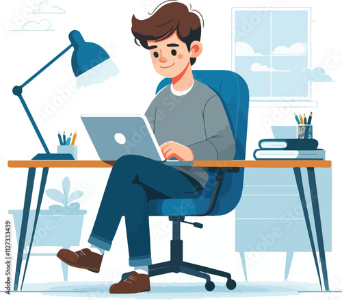 a boy is using his laptop vector
