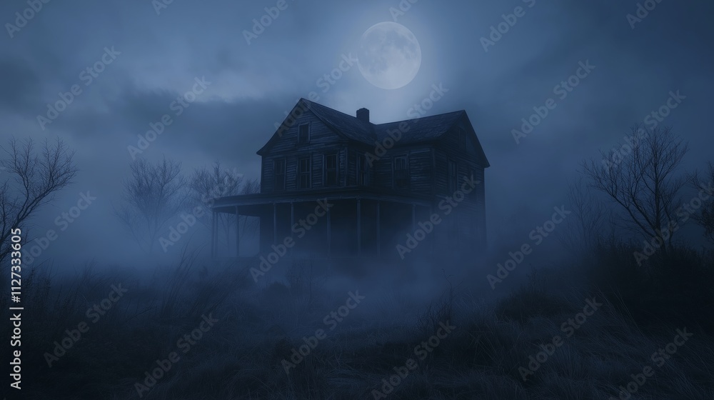 Eerie haunted house at night with fog under full moon for halloween theme Eerie haunted house at night with fog under full moon for halloween theme