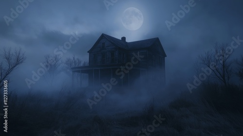 Eerie haunted house at night with fog under full moon for halloween theme photo