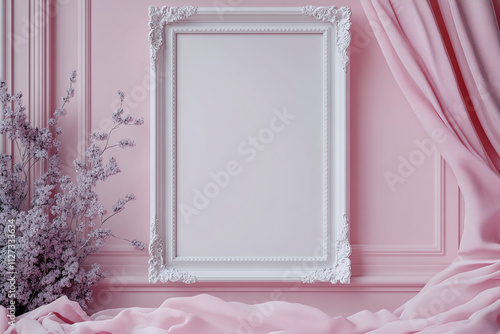 white empty photo frame mock up hanging on the pale pink wall