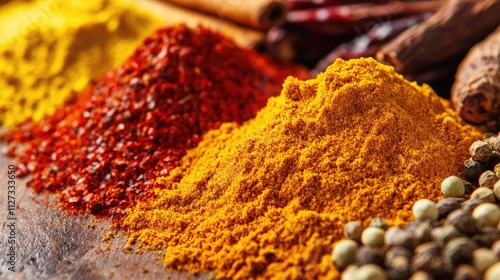 Colorful arrangement of five spice blend in vibrant mounds with aromatic ingredients on wooden surface for culinary exploration and recipe inspiration photo