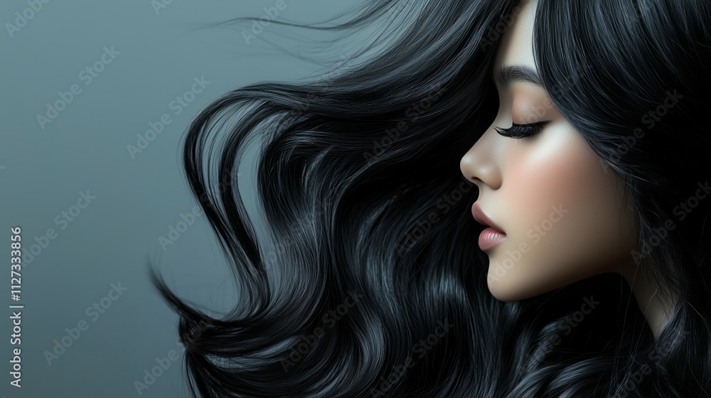 Elegant portrait of a woman with long wavy black hair Elegant portrait of a woman with long wavy black hair