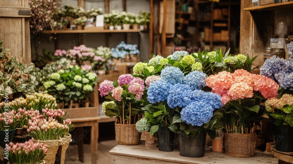 Fototapeta premium Hydrangea Flowers in a Floral Shop Vibrant Summer Garden Decor Displaying Colorful Blooms and Lush Greenery