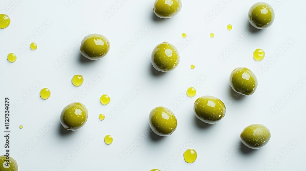 Green olives and oil arranged aesthetically on a white background showcasing a fresh and healthy culinary concept Green olives and oil arranged aesthetically on a white background showcasing a fresh and healthy culinary concept