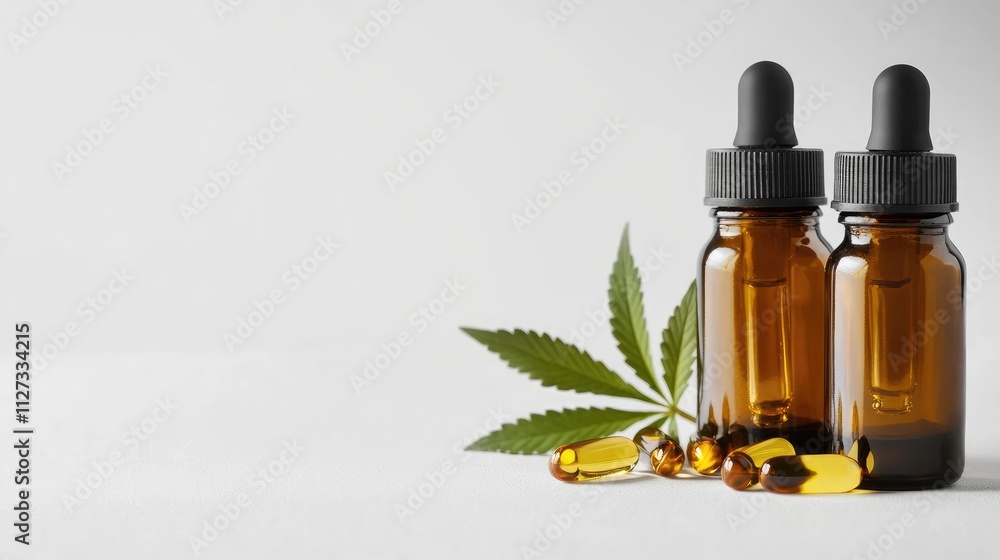Glass bottles of CBD oil tincture with hemp leaf and capsules on a white background for wellness and natural health concepts Glass bottles of CBD oil tincture with hemp leaf and capsules on a white background for wellness and natural health concepts