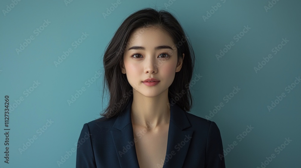 Portrait of a Young Woman in a Blue Blazer Against a Teal Background Portrait of a Young Woman in a Blue Blazer Against a Teal Background