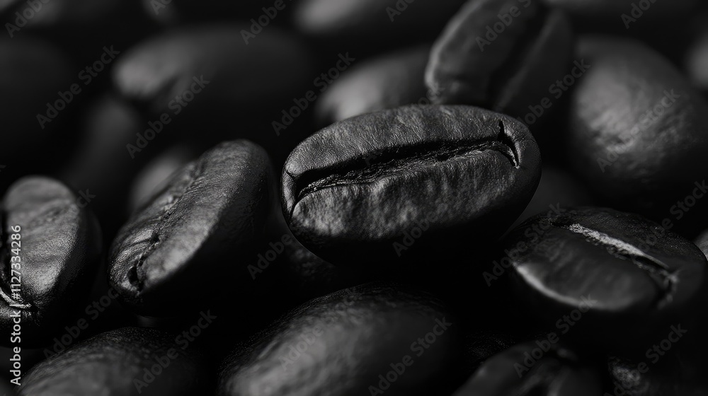 Dark roasted coffee beans in close-up view showcasing rich textures and deep color for coffee-related themes and advertising. Dark roasted coffee beans in close-up view showcasing rich textures and deep color for coffee-related themes and advertising.