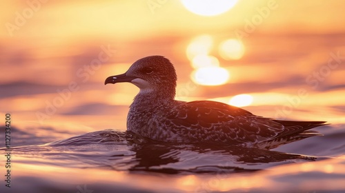 Immature Pomarine Skua drifts on water at sunset showcasing vibrant colors and serene atmosphere in a natural coastal environment photo