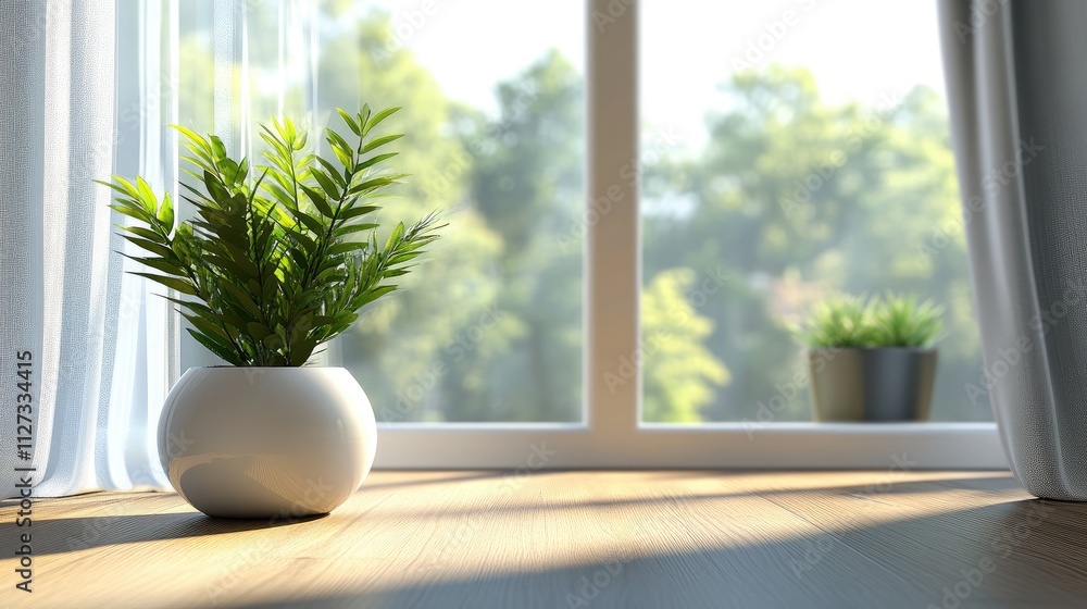 Indoor modern window view with potted plants and natural light creating a serene home environment Indoor modern window view with potted plants and natural light creating a serene home environment