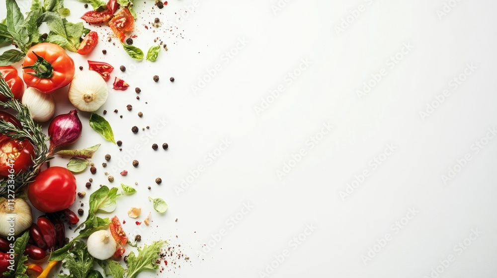 Vibrant assortment of fresh vegetables and herbs arranged artistically on a clean white background for culinary and health concepts Vibrant assortment of fresh vegetables and herbs arranged artistically on a clean white background for culinary and health concepts