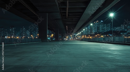 Urban nightscape with empty concrete floor beneath modern bridge showcasing Seoul's skyline and ambient city lights