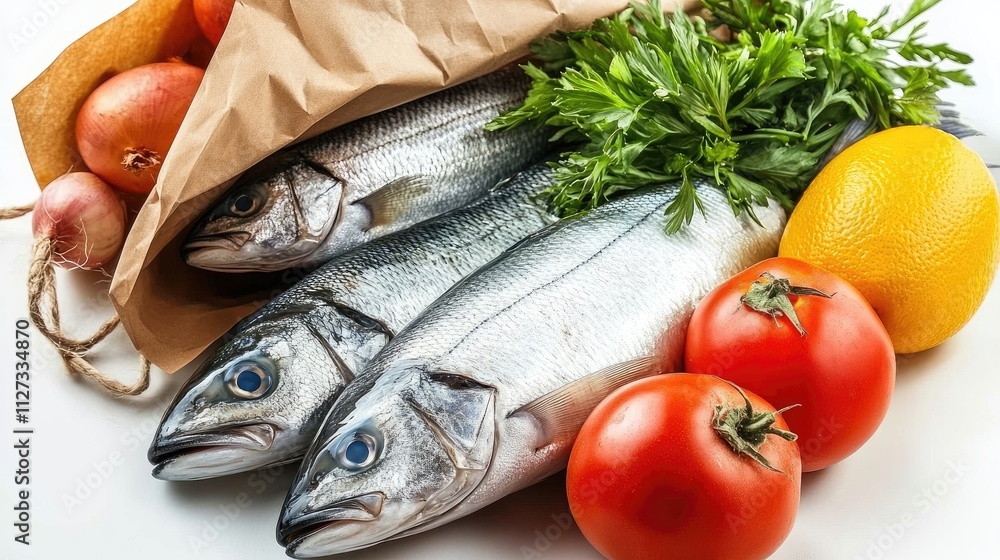 Fresh seafood and vegetables in a paper bag showcasing healthy grocery shopping on a white background with ample copy space for text Fresh seafood and vegetables in a paper bag showcasing healthy grocery shopping on a white background with ample copy space for text