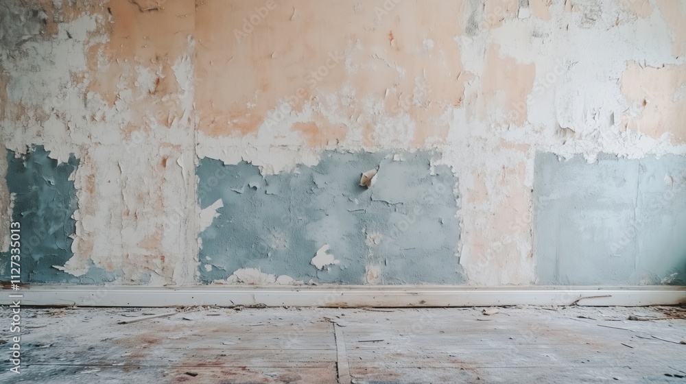Interior of aged living room in abandoned building with peeling paint and rustic textures Interior of aged living room in abandoned building with peeling paint and rustic textures